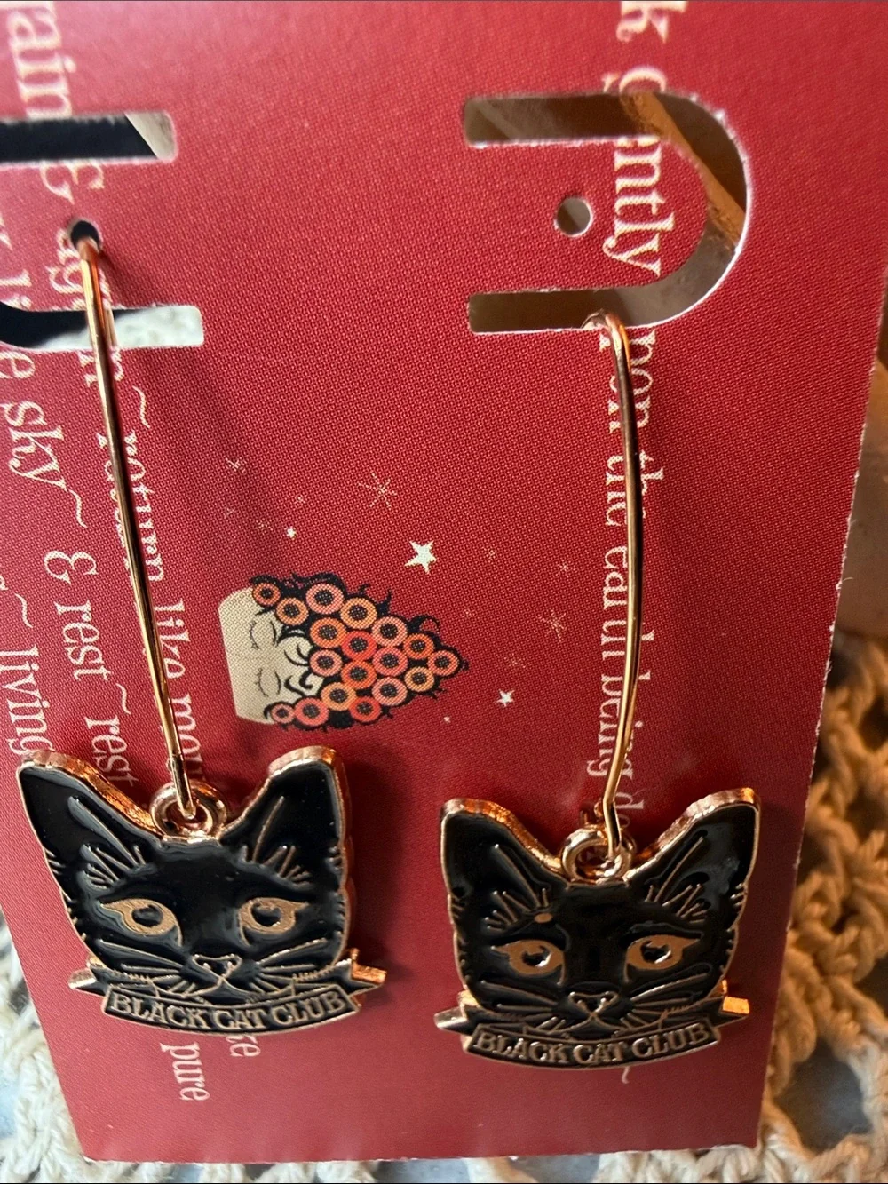 Black Enamel Cat Face Dangle Earrings - Rose Gold